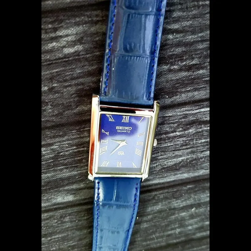 Vintage Mens Tank Blue Wave Dial Dress Watch New Mvt‎ & Batt